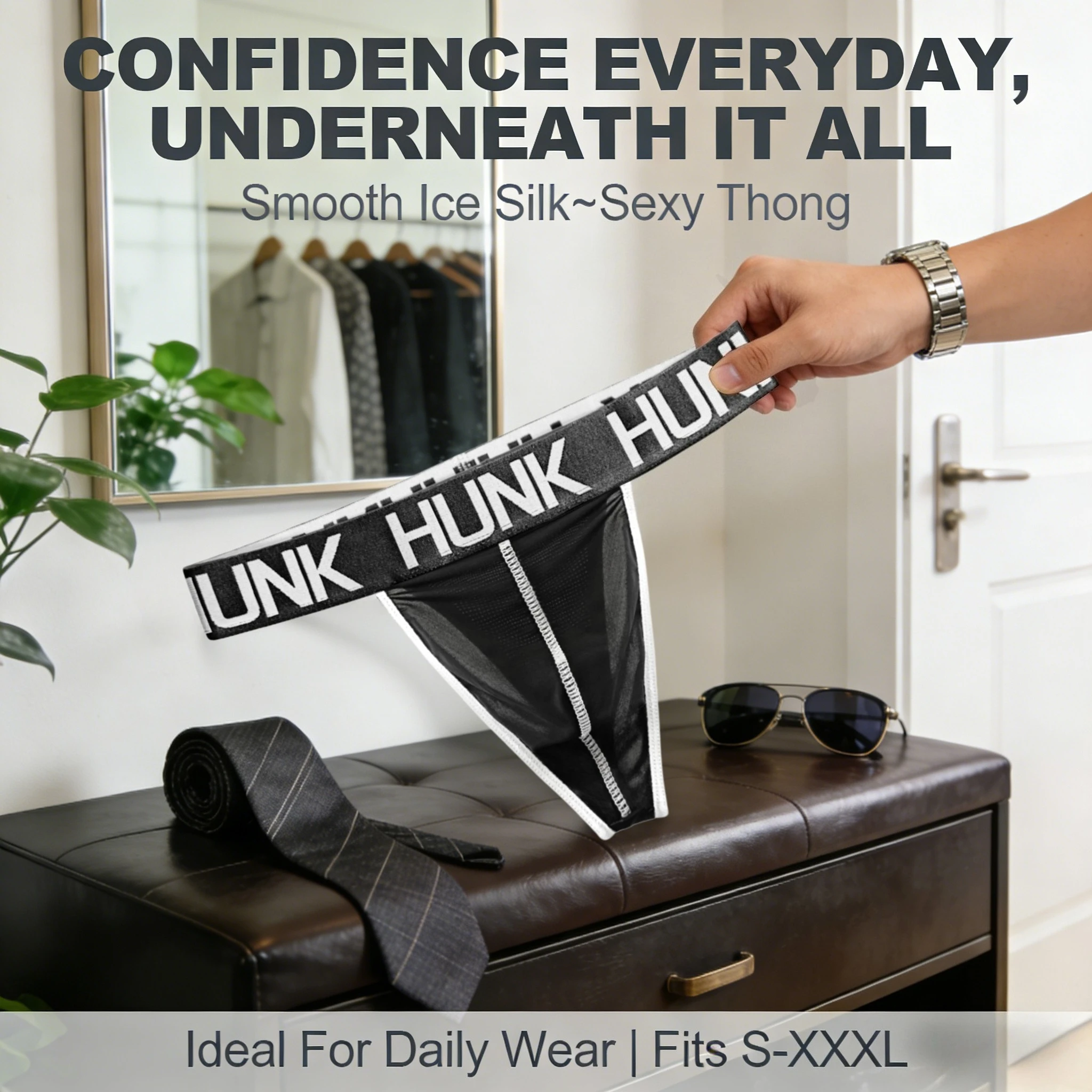 1 Piece Men's Sheer Ice Silk Thong - HUNK Printed Waistband Breathable Soft Smooth Casual Daily Men Underwear (Fits S-XXXL)