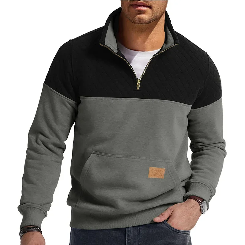 Winter American Style Men’s Color-coded Stand Collar Half Zipper Long Sleeve Casual Trendy Loose Pullover Sweatshirts Clothes