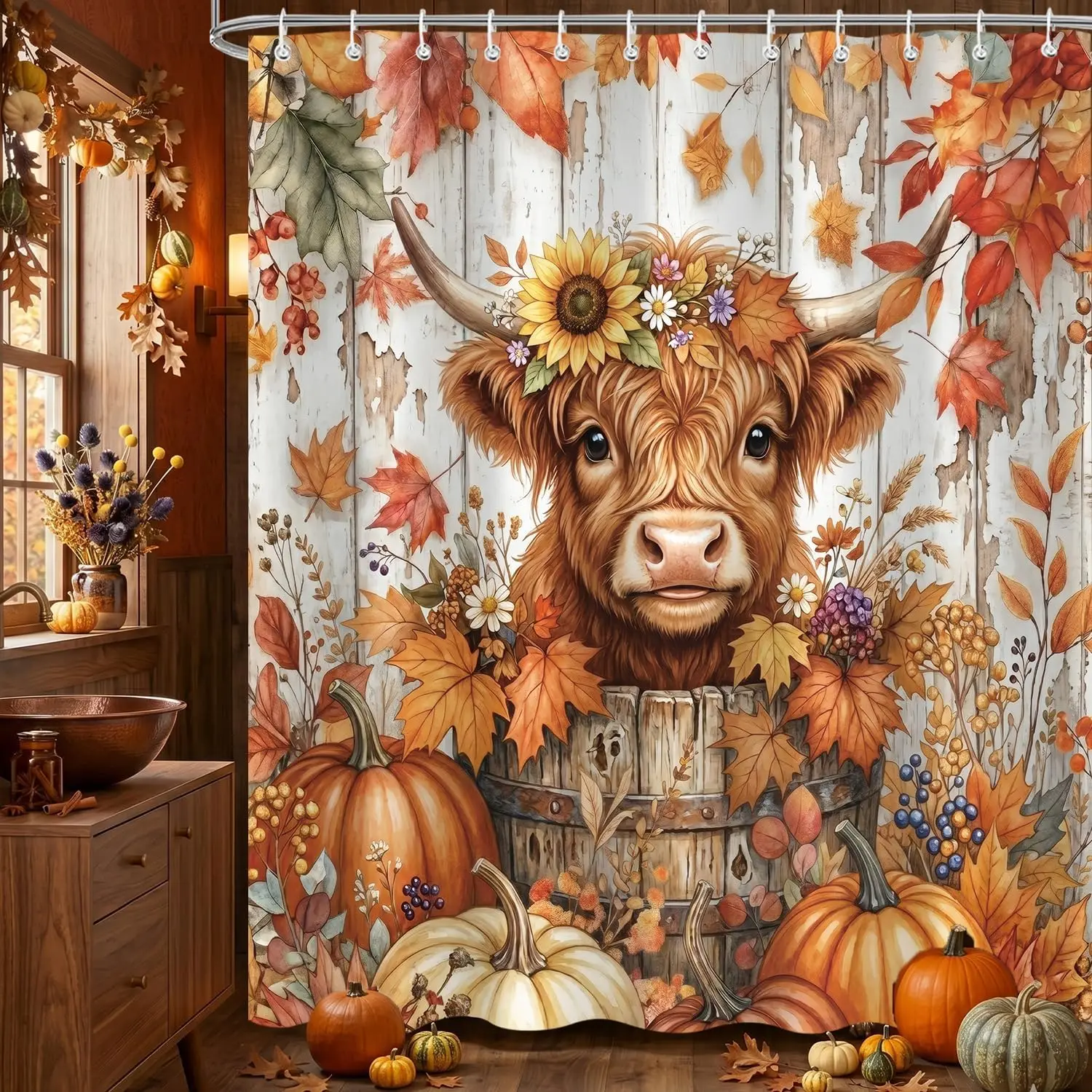 Fall Highland Cow Shower Curtain 72x72 Inch, Funny Cute Fall Autumn Pumpkin Floral Leaves Thanksgiving Rustic Seasonal Waterproof Fabric with 12 Hooks Bathroom Decor