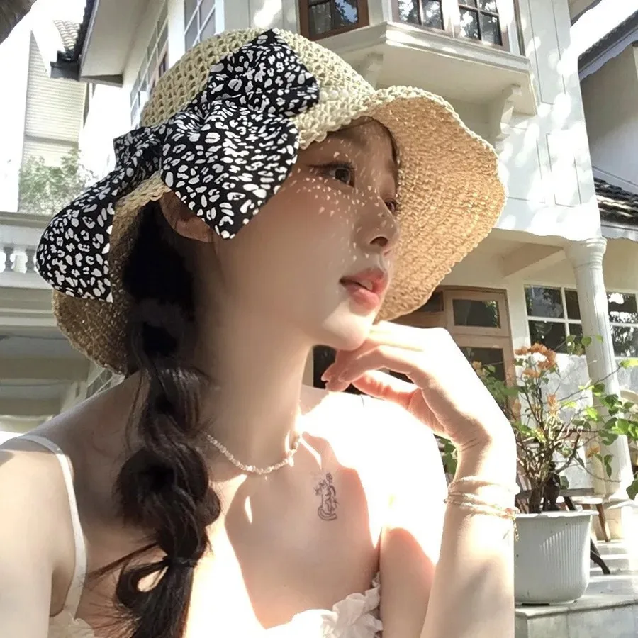 الصيف شاطئ القوس اللؤلؤ القش قبعة المرأة قناع قبعة بحافة صياد قبعة اليد النسيج بنما فتاة السفر شاطئ البحر الحماية من الشمس #3