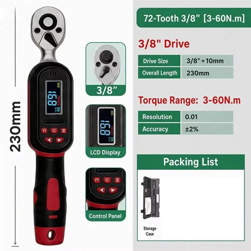 ABHI-3/8 Digital Torque Wrench With LCD Display Range 72T Ratchet Head For Auto Repair And Screw Fastening