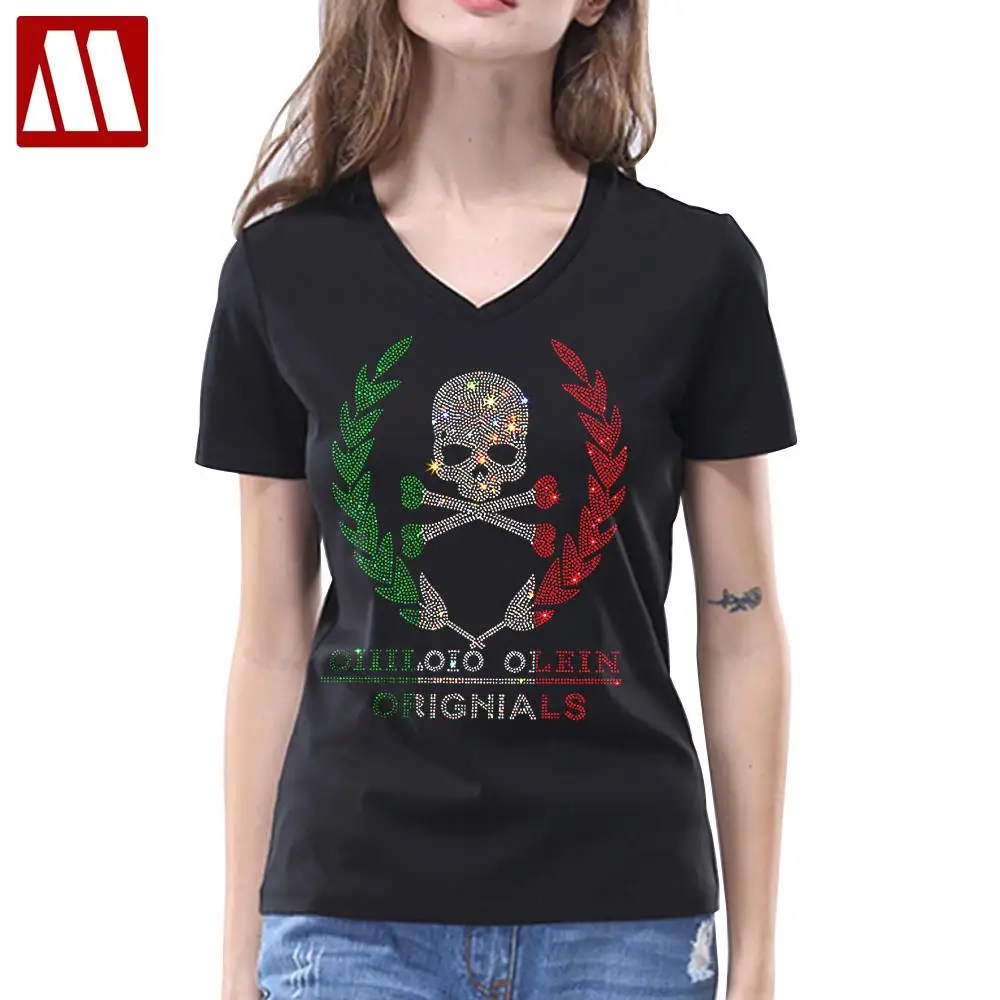 High Quality Hot Sale European Luxury Skull T Shirt Women's New Fashion Cool Designer Rhinestone T-shirts Casual Streetwear Tops