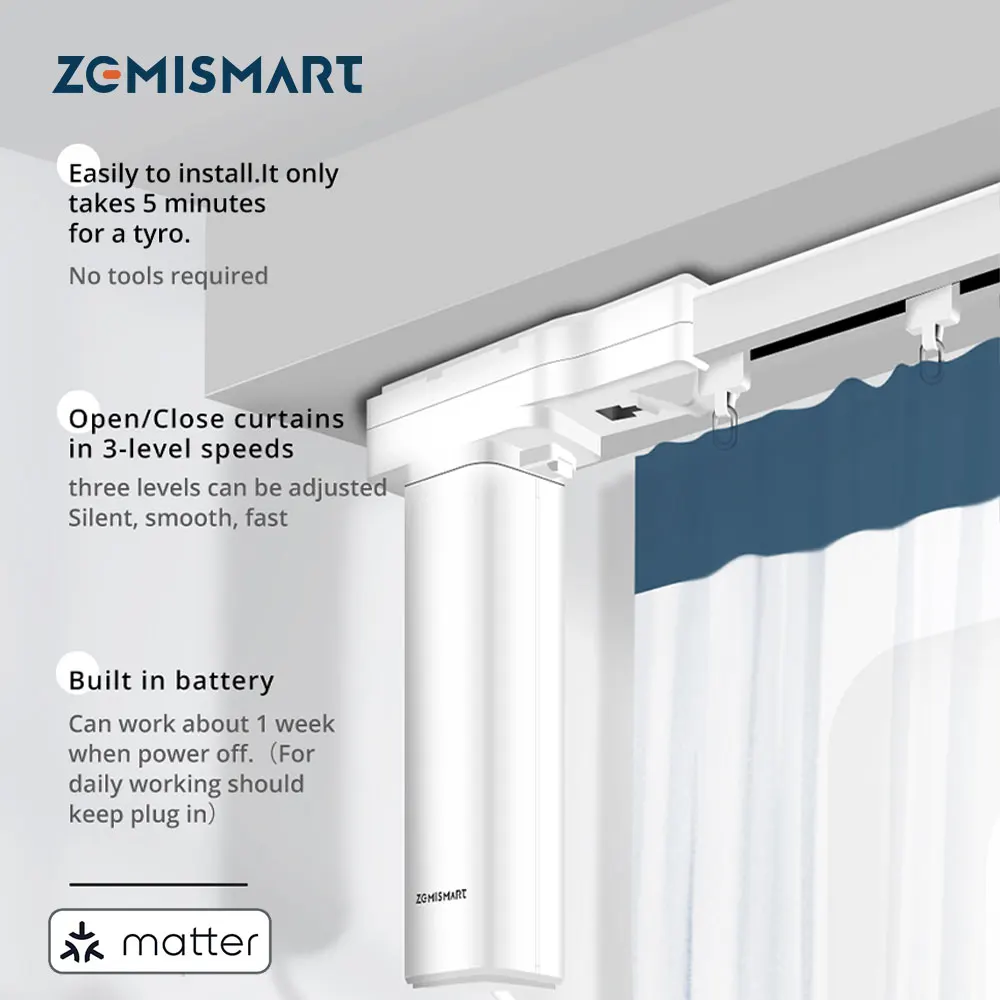 

Zemismart Matter Over Thread Smart Slide Curtain with Splicing Track Beltless Design Alexa Google Home Smartthings APP Control