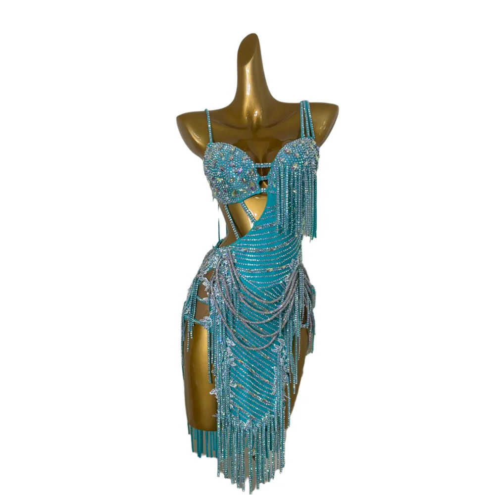 

Latin Dance AB Stone Female Adult Children High end Customized Diamond Bar Chain Tassel Skirt Black Pool Samba Performance Dress