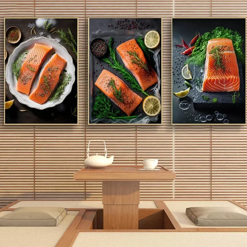 Póster de cocina japonesa, salmón, sushi, queso, especias, arte, pintura de pared, impresión en lienzo, fondo de restaurante, decoración de cocina