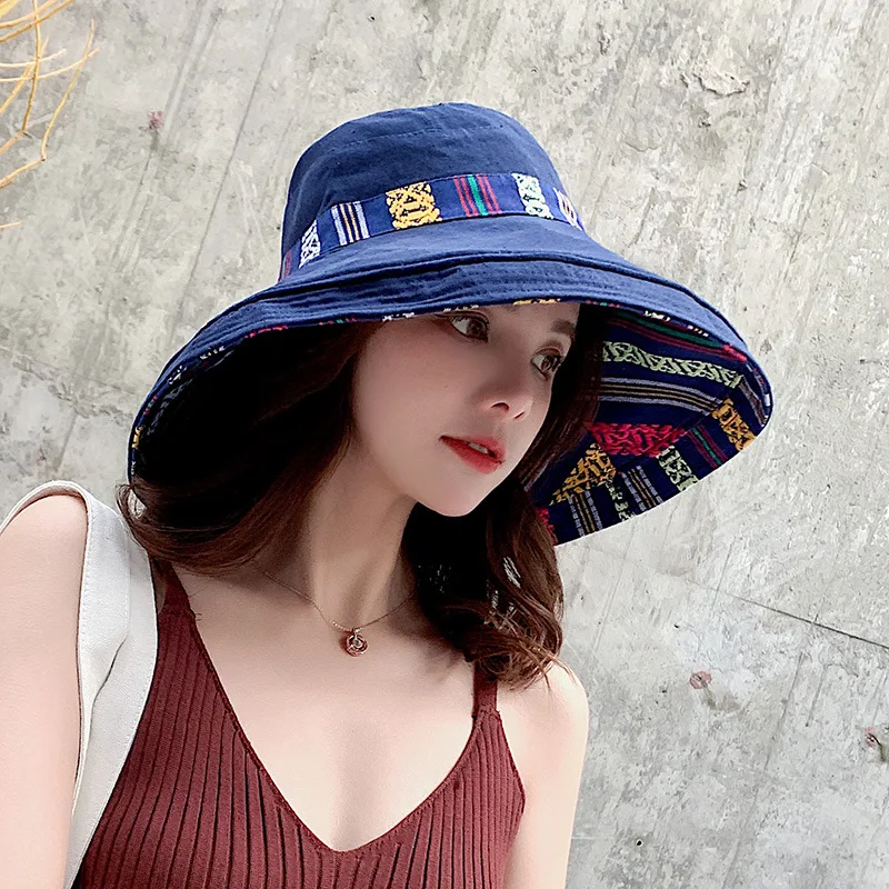 Damen-Sommerhut mit breiter Krempe, doppelseitiger Sonnenschutz-Bucket-Hat, koreanische Version, vielseitiger Ethno-Stil, Reise-Sonnenschutzkappe