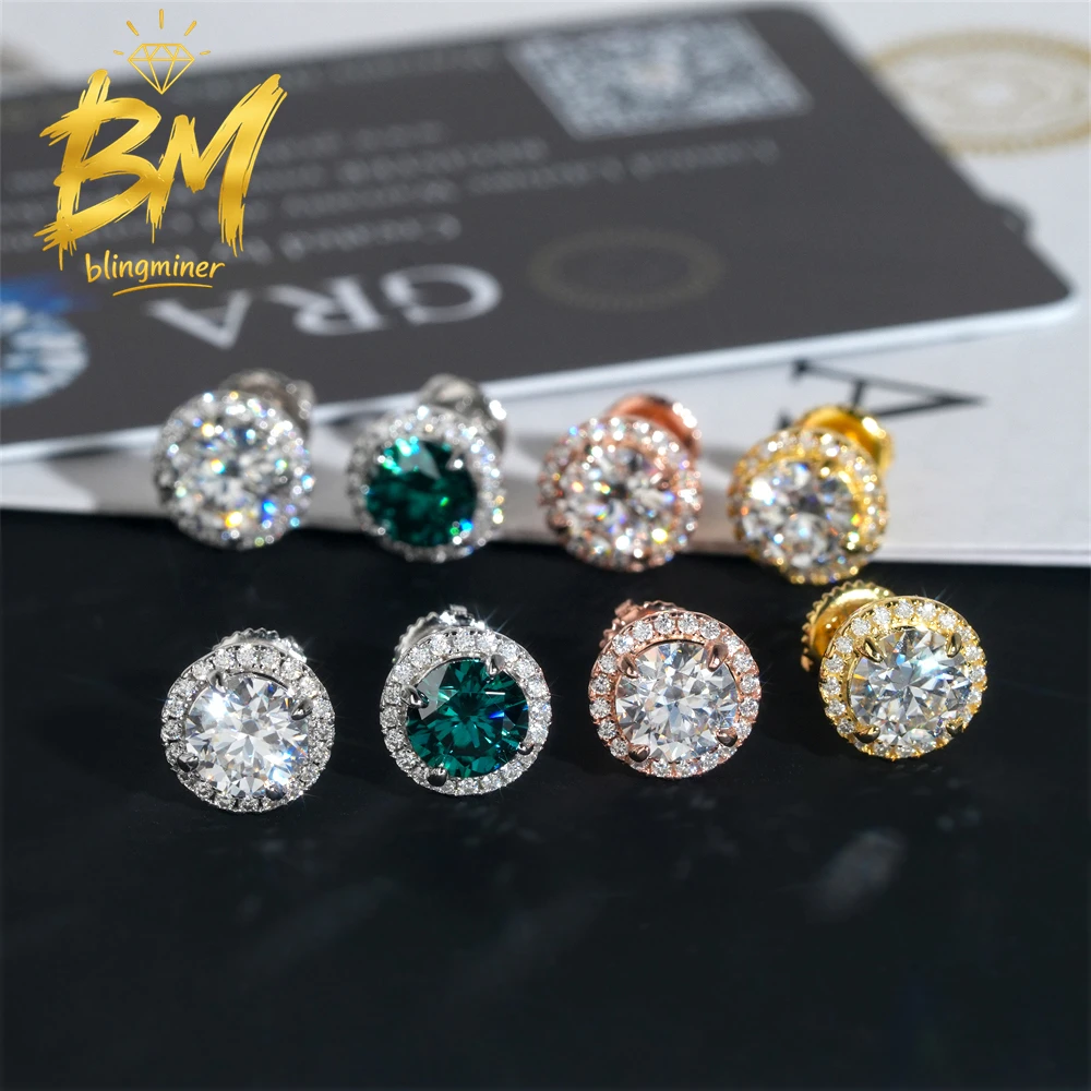 Blingminer 9mm Round VVS Moissanite Earrings For Men Women S925 Silver Ear Studs Pass Diamonds Tester GRA Free Shipping