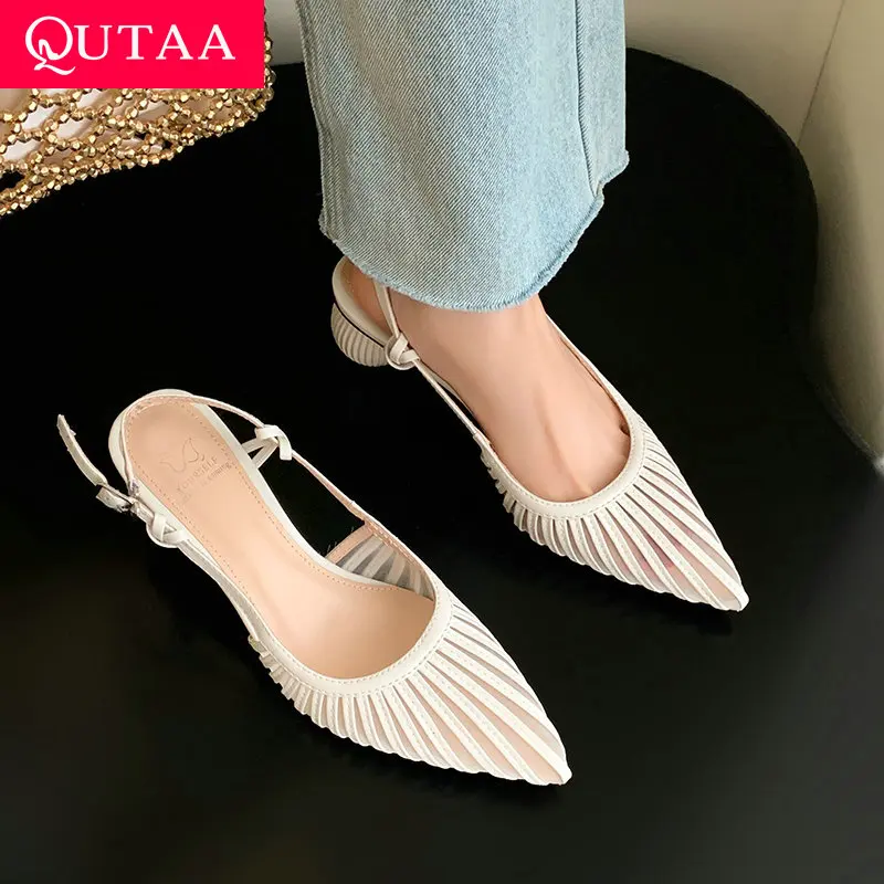 

QUTAA 2025 Women Sandals Shoes Microfiber Sexy Pointed Toe Back Strap Party Shoes Mid Heels Summer Pumps Shoes Woman 34-40