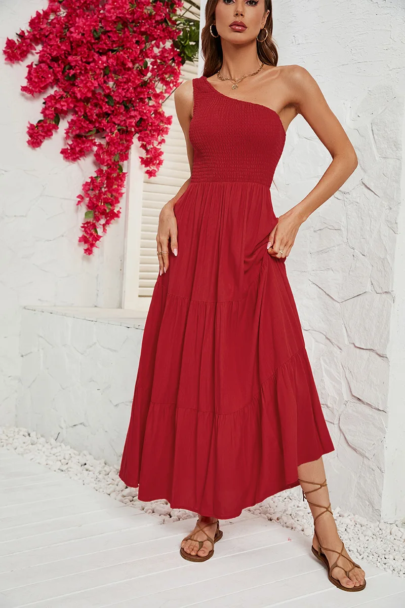 Mulheres elegantes vestido longo um ombro sem mangas casual verão midi vestido solto plissado em camadas flowy praia maxi vestido de sol