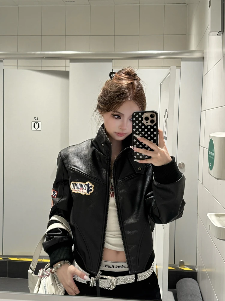 Jaqueta Feminina BeOurRule Retrô Americana Estilo Motociclista Slim Fit com Design de Coração, Casaco Curto Casual e Moderno