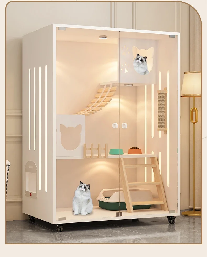 

Cream-style Cat Cage for Pet Shop Density Board Cat House Double-layer Large Space Glass Door Light Luxury Simple Cage for Cats