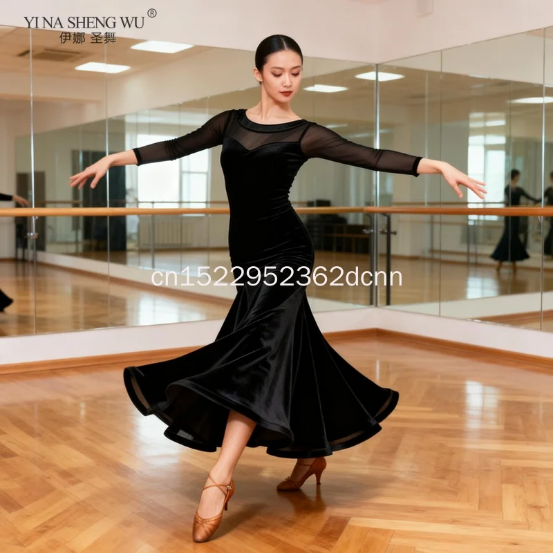 여성용 표준 볼룸 댄스 드레스 고급 버건디 왈츠 댄스복 성인용 긴 소매 볼룸 대회용 댄스 드레스