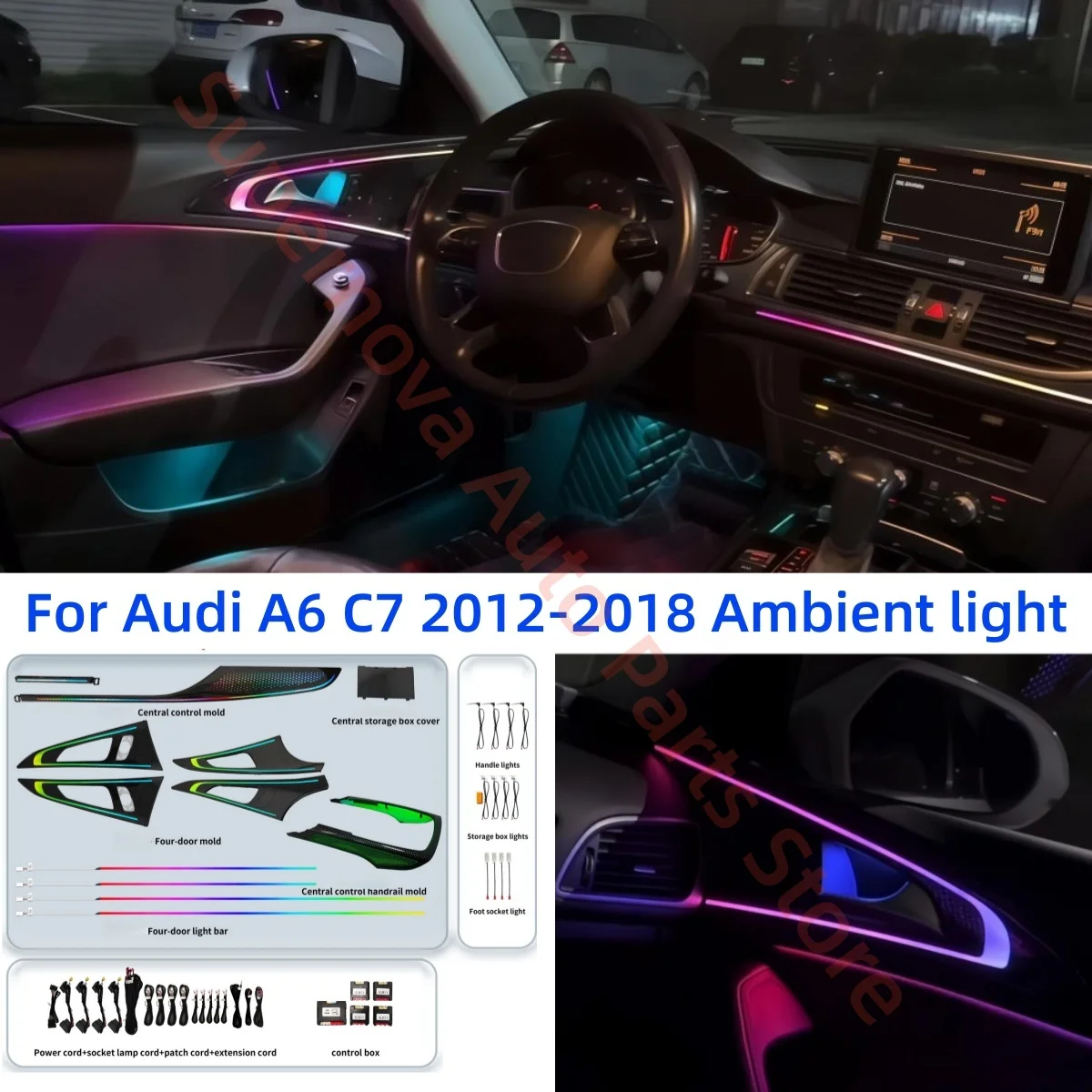 LED Ambient Atmosphere Light Carbon Fiber Grain Trim Strip Auto Interior Retrofit Upgrade Accessories for Audi A6 C7 2012-2018