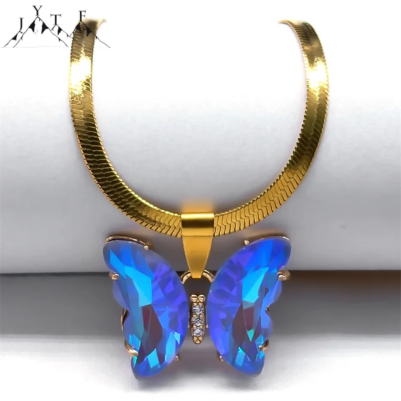 Butterfly Colorful Laser Pendant Choker Necklace Women Stainless Steel Snake Blade Chain Kpop Party Y2K Accessories Jewelry N879