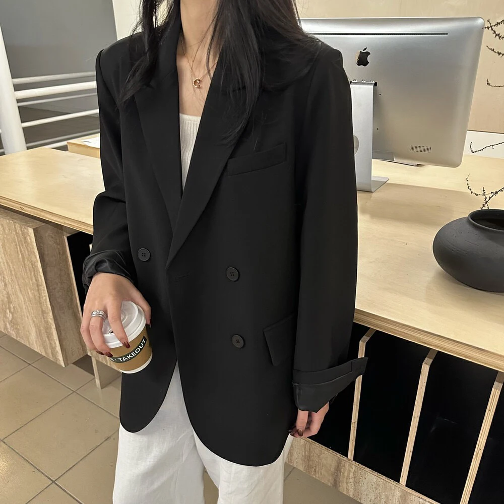 

Korean Style Double Button Suit Jacket Women Early Spring New Small Size Elegant Loose Slimming Casual Top Polyester Fiber