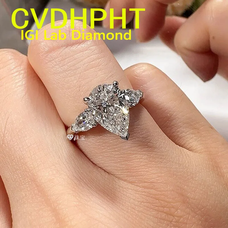 

3 шт., выращенное в лаборатории груша с бриллиантами, настоящее твердое кольцо из белого золота 18 карат, цвет IGI D, свадебное обручальное кольцо