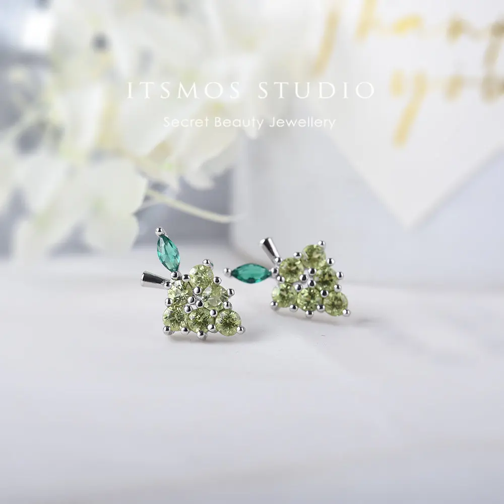 ITSMOS Garnet Peridot Grape Natural Gemstone Earrings Delicate Crystal Fruits Silver Studs Piercing Jewelry for Women Gift