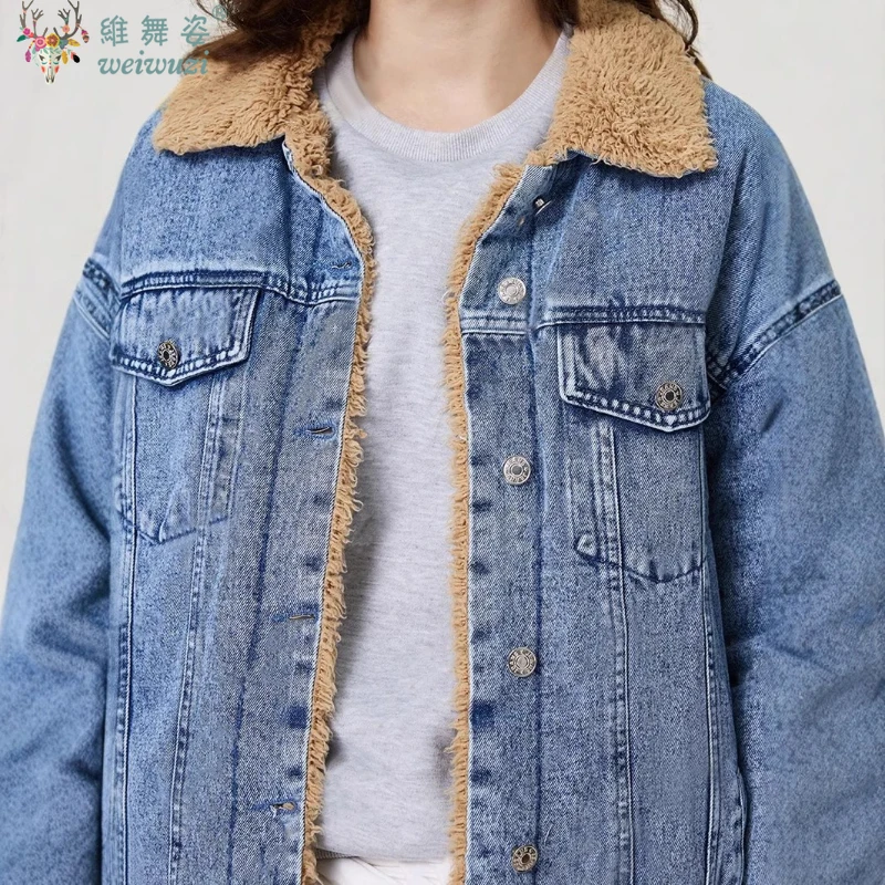 Kurtki jeansowe damskie Harajuku na zimę, vintage, jednorzędowe, luźne, grubsze, ocieplane polarem, ciepłe kurtki kowbojskie, odzież wierzchnia streetwearowa, casual.