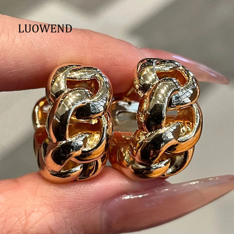 

LUOWEND 100% 18K Yellow Gold Earrings Fashion Cuban Chain Design French Style Hoop Earrings for Women High Party Jewelry