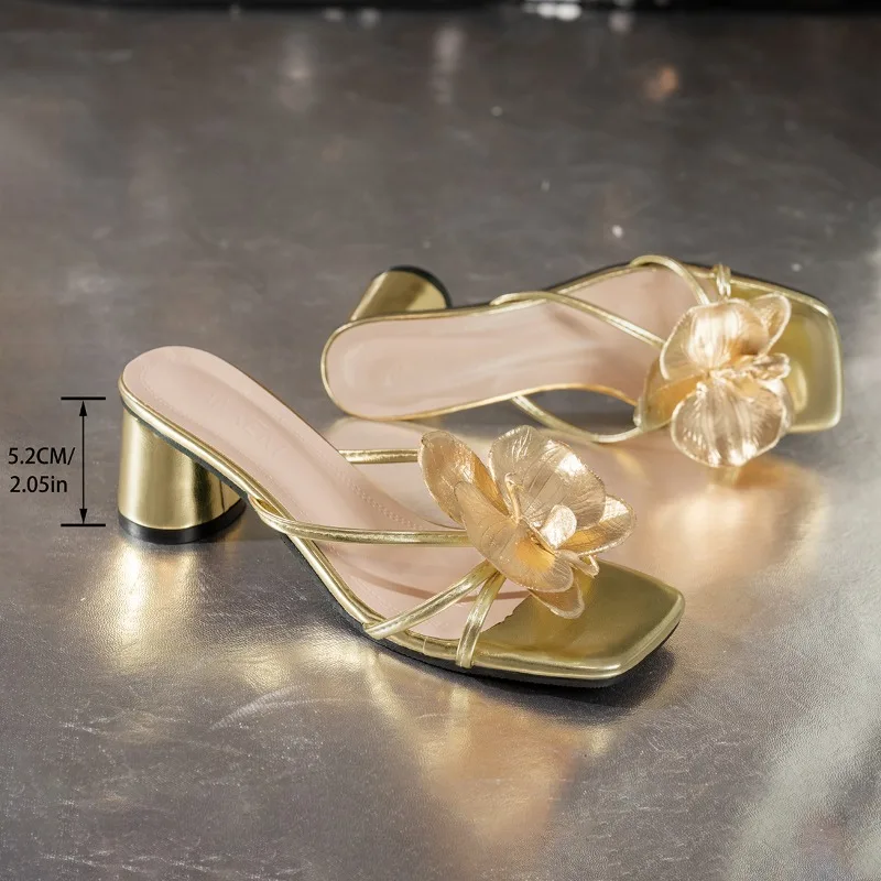 Women New High Heels Sandals Summer Beautiful Round Toe Sandals Open Toe Fashion Metal Flower Straight Strap Non-slip Shoes