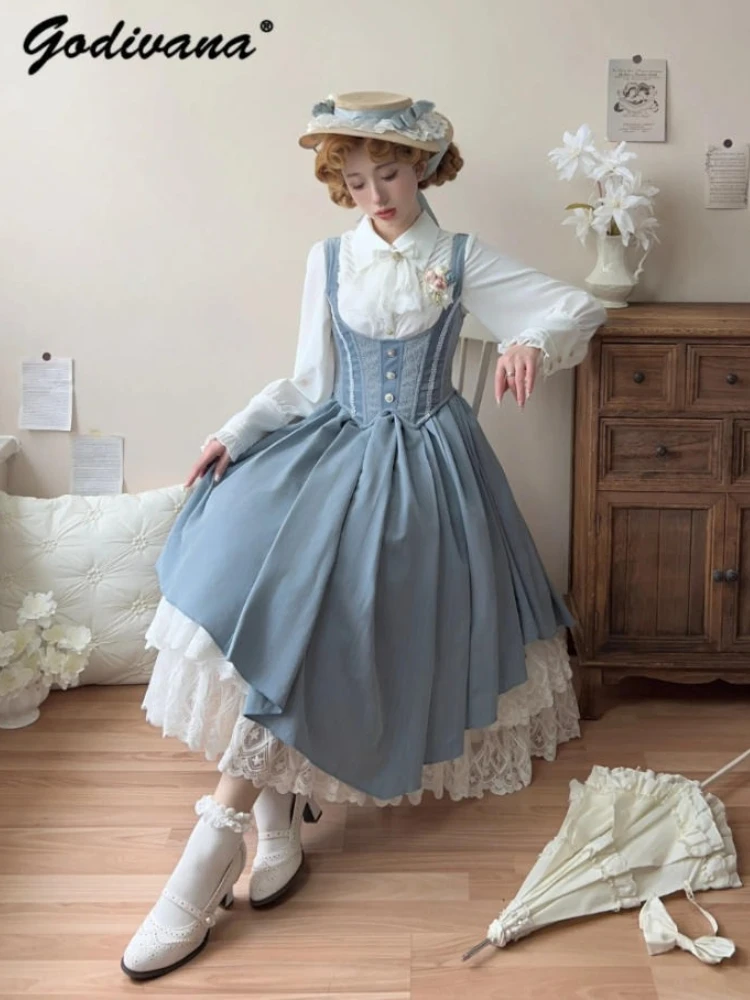 

New Spring Lolita Solid Color Long Sleeve Shirt Elegant Slim Fit Inner Wear Ladies Elegant Palace Style Blouse Tops