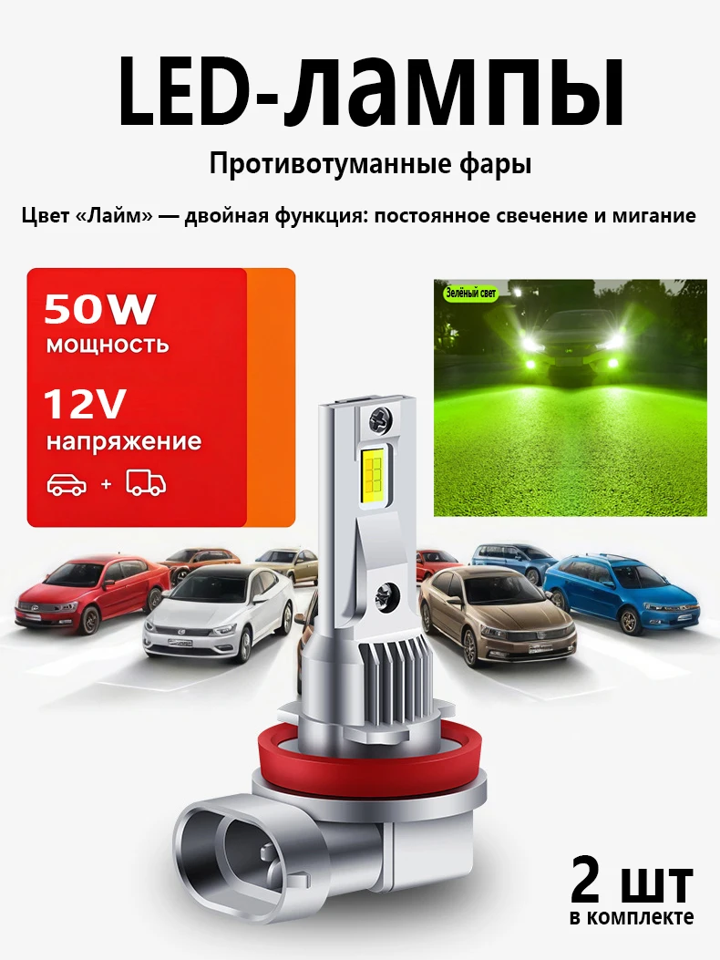 Green Lemon H7 H8 H9 H11 HB3 HB4 LED Headlight Bulbs 25W Fog Lamp Retrofit Strobe 12V Super Bright