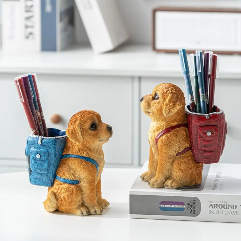 Cute Design Golden Retriever Dog Pen Holder Resin Craft Creative Sculpture Pen Holder Cartoon Style Large Capacity