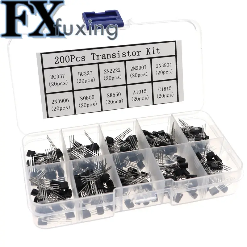 200Pcs Transistor Kit BC327 BC337 2N2222 2N2907 2N3904 2N3906 S8050 S8550 A1015 C1815 PNP/NPN 10 Values TO-92 Transistors Set