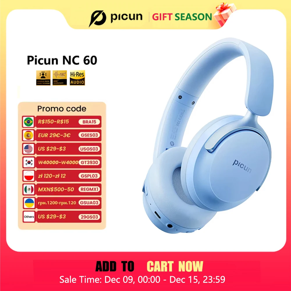 Picun NC60 ANC Wireless Headphones Hybrid Active Noise Cancellation Headset Bluetooth 5.4 Hi-Res Audio Earphones 130H Playtime