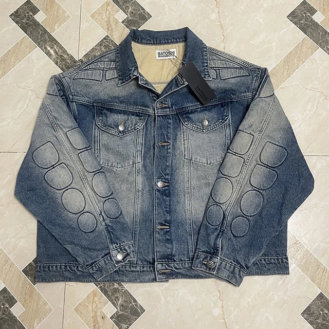 27FW Men High Quality Stitching Patchwork Moto Denim Jackets Satoshi Nakamoto New 3D Embossed Padded Appliques Geometric Coat