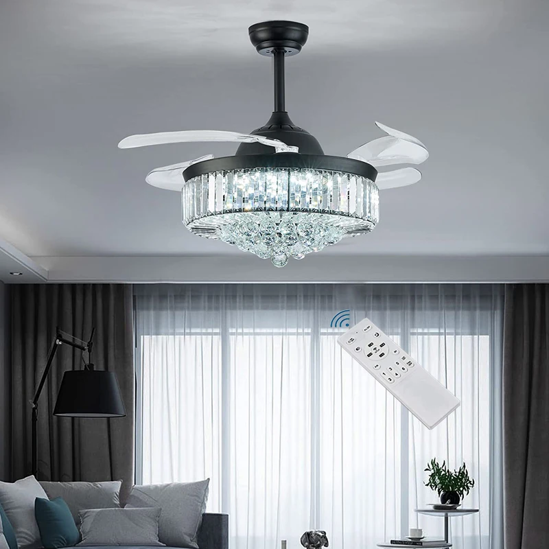 

Chandelier Ceiling Fan Lighting, Crystal Ceiling Fan Light Dimmable Fandelier with Remote Control Reversible Invisible Blades