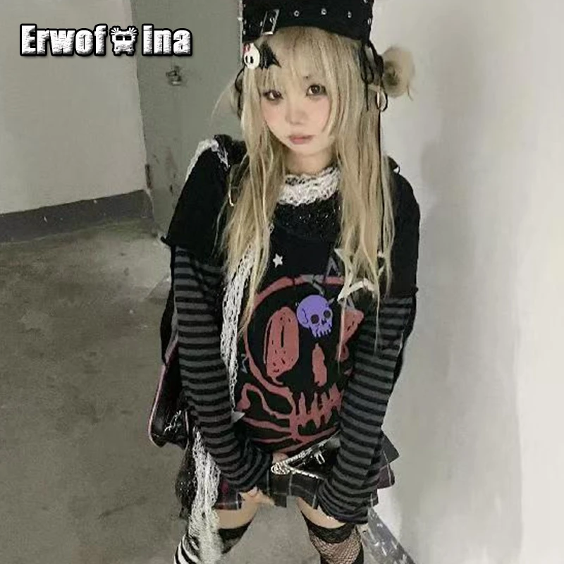 

Erwofeina Punk Style T-shirt Grunge Graphic Tee Skulls Print Long Sleeve 2000s Clothes Y2k Korean Fashion Fake Two Piece Tops
