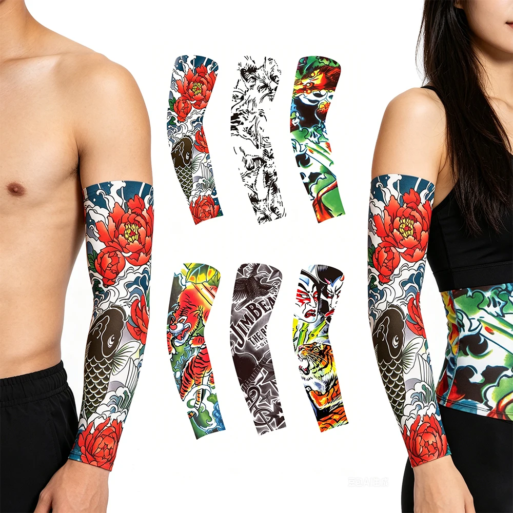 (6 Pairs Set)Seamless Full-Arm Tattoo Sleeves,Outdoor Cycling Tattoos,Sunscreen Sleeves,Fishing Tattoo Outfits,Camping Sleeves