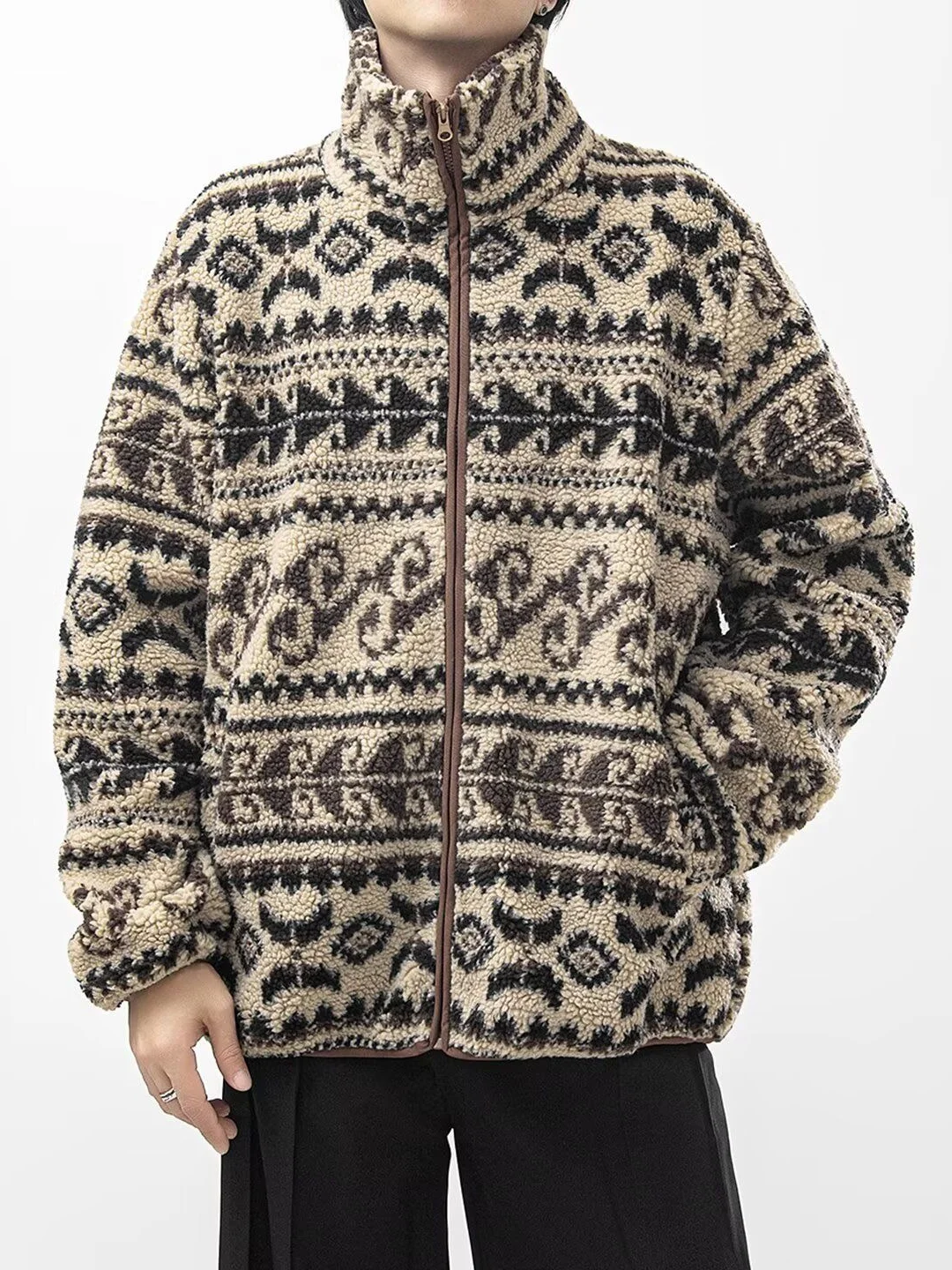 Winter Thick Sherpa Jacket Men Women Ethnic Fair Isle Jacquard Stand Collar Zip Up Casual Loose Warm Fleece Coat Parkas