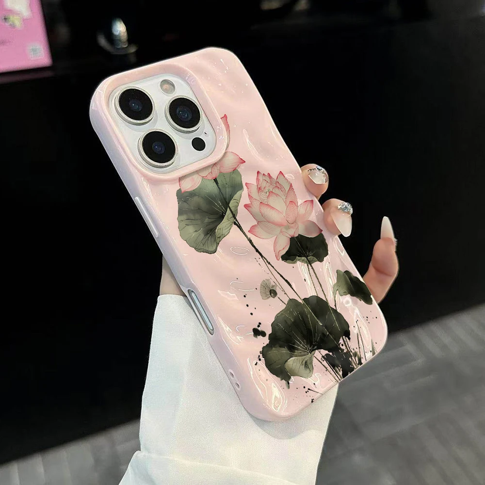 Koreanische Frühlingslotus-Druck-Handyhülle für iPhone 17 16 15 14 13 12 11 Pro Max 14 Plus 17Air Faltenwellen-Soft-Silikonhülle – Detail 3