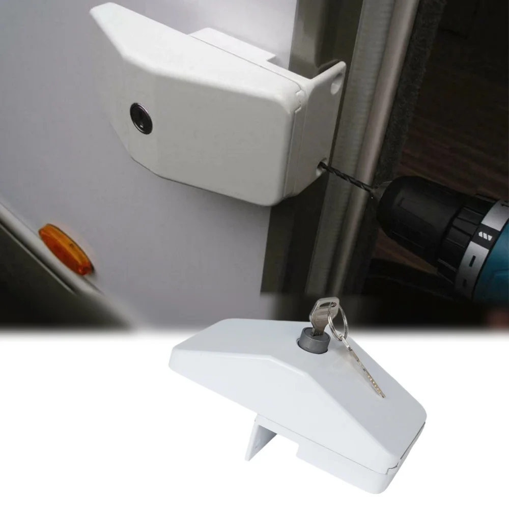 Camper Van Security Door Frame Lock Sliding Lock with 2 Keys for Motorhome Secure Locker Garage White RV Burglary Prevention