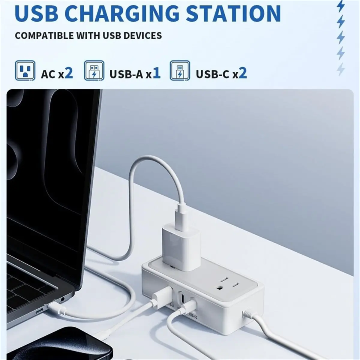 PHONE&GEAR 1.2M 5-Outlet US Power Strip with 20W USB-C Fast Charging, Surge-Protected Extension Cord for Home & Company (White)