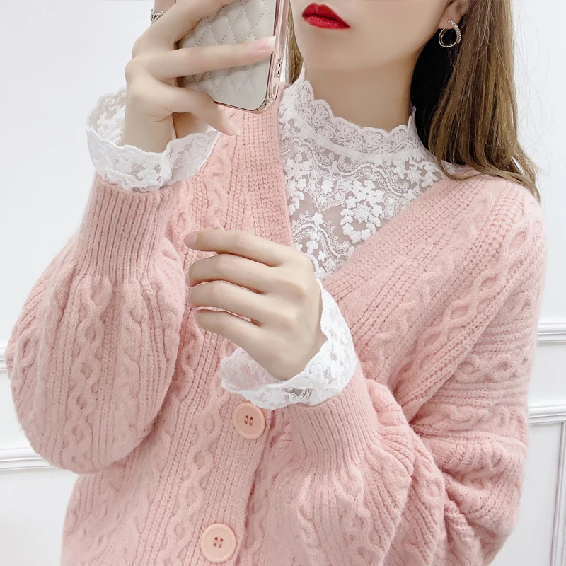 

Lace Base Shirt Women's Inner Match with Sweater Fashionable Mesh Shirt Autumn Winter Fleece Half High Collar High End Mesh Top