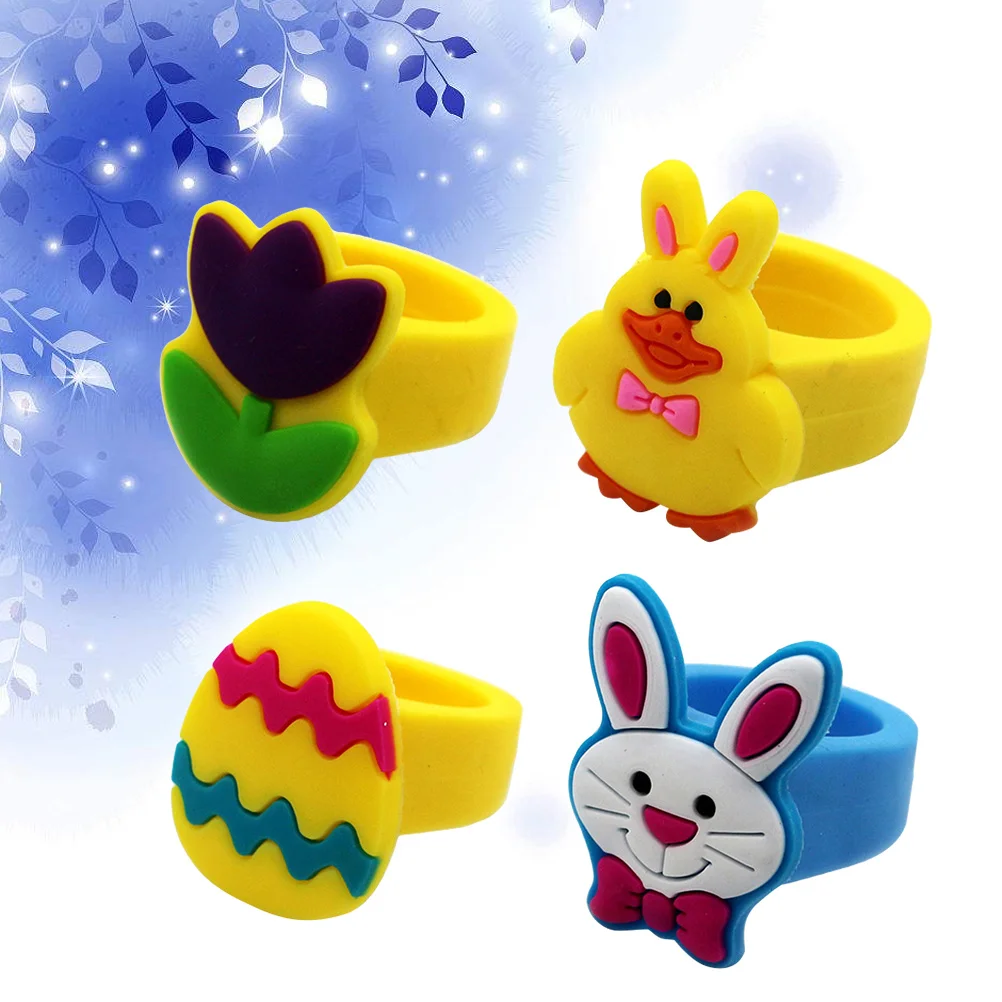 10 Buah Cincin Kartun PVC Desain Warna-warni Hadiah Ulang Tahun Permainan Peran Berpura-pura Perhiasan untuk Anak Perempuan Hadiah