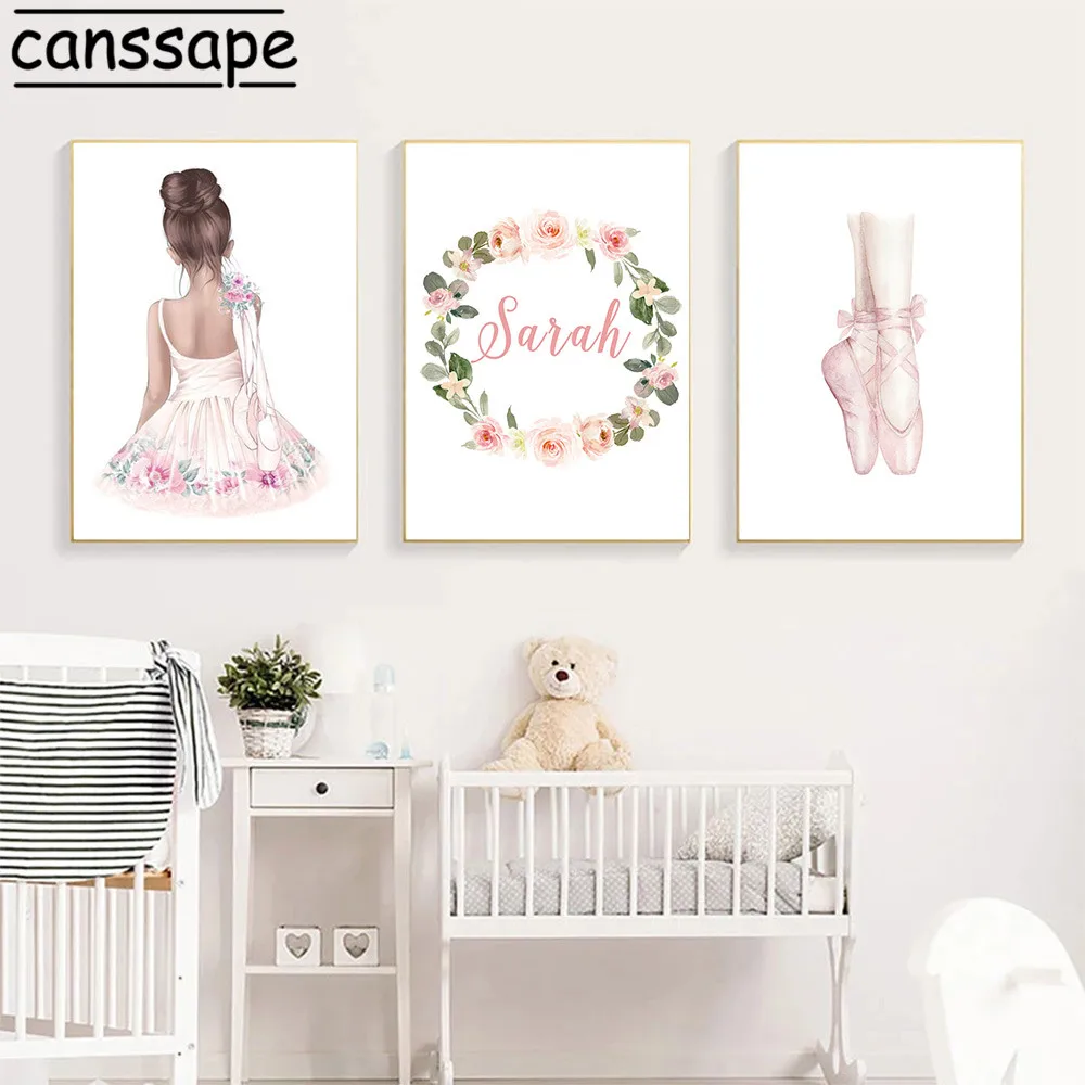 Custom Name Poster Ballet Girl Canvas Painting Nursery Posters Pink Wall Art Prints Nordic Wall Pictures Girl Room Decoration