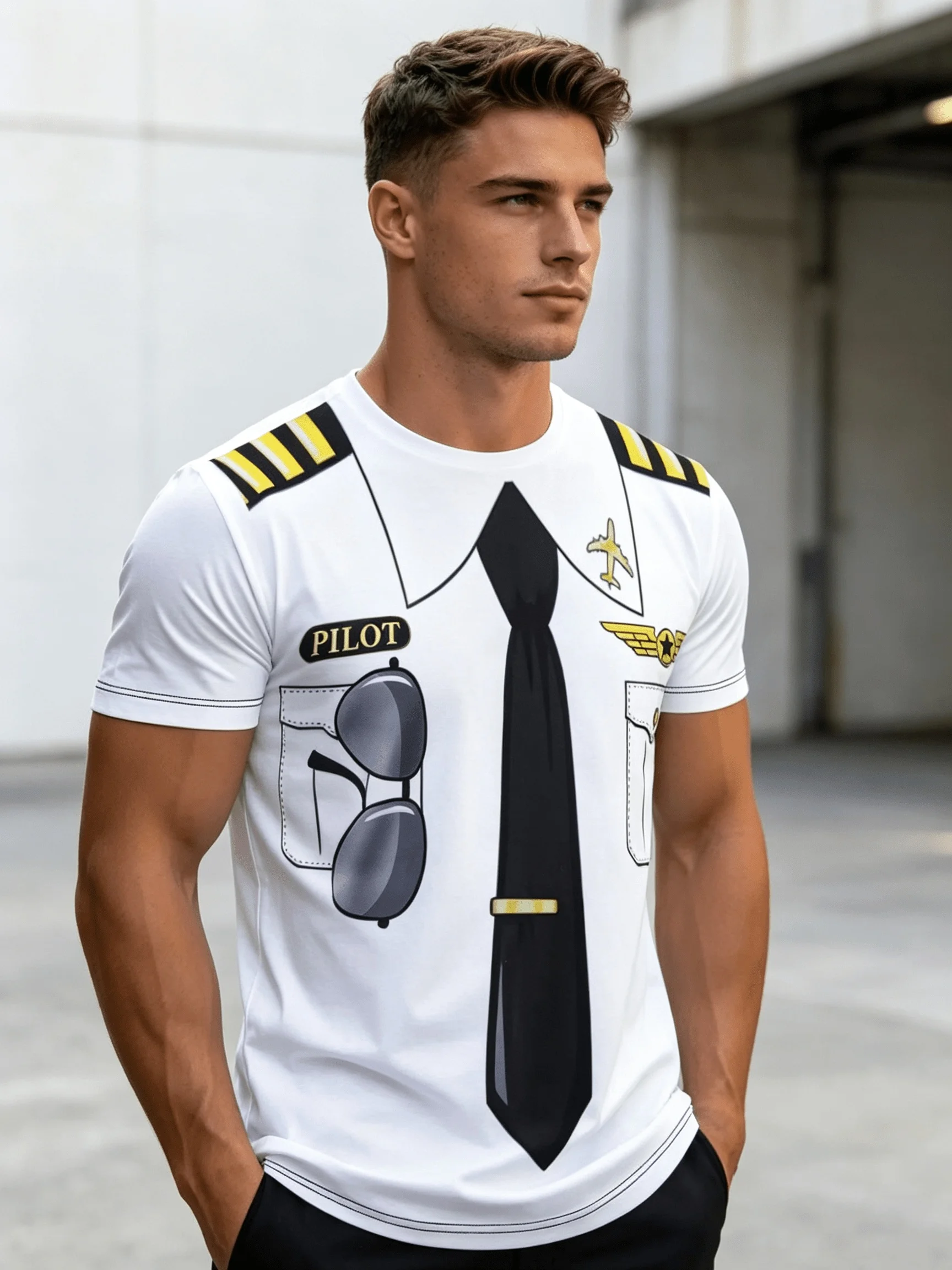 New Summer 2026 Men's 3D Printed Pilot Uniform Fake Tie Epaulet Pattern Short Sleeve T-shirt Aviation Theme Casual Daily Top