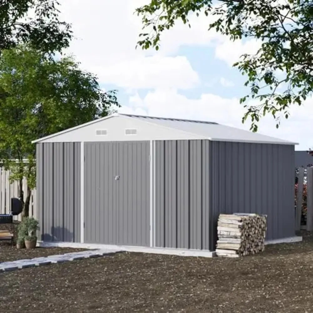 10x10 FT Metal Storage Shed, Brown | Steel Yard Shed, Lockable Doors Design, Utility and Tool Storage Sheds For Garden