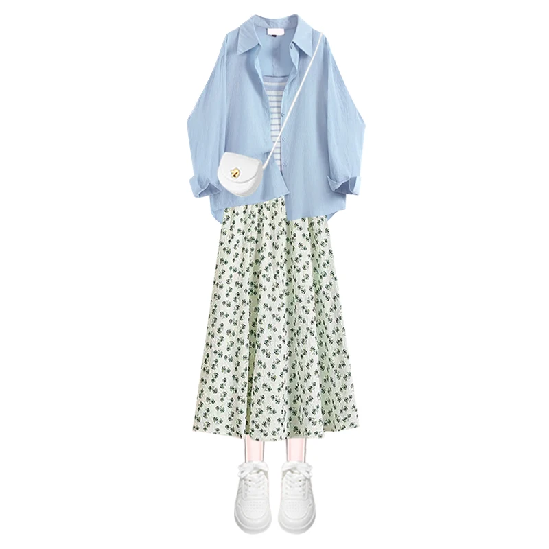 Novedad de verano, conjunto de mujer Vitali a rayas ter Ne, protector solar que combina con todo, irt con falda Floral de cintura alta elegante