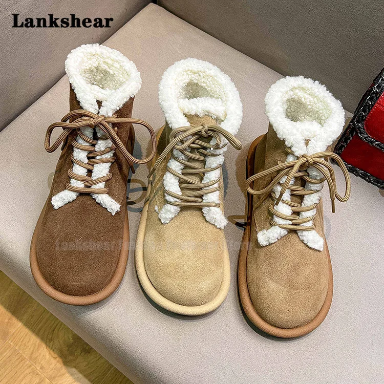 

Flat Snow Boots Women's Winter New Frosted Leather Lace-Up Wool Warm Fashion Comfortable Lace-Up Casual Cotton Boots New In