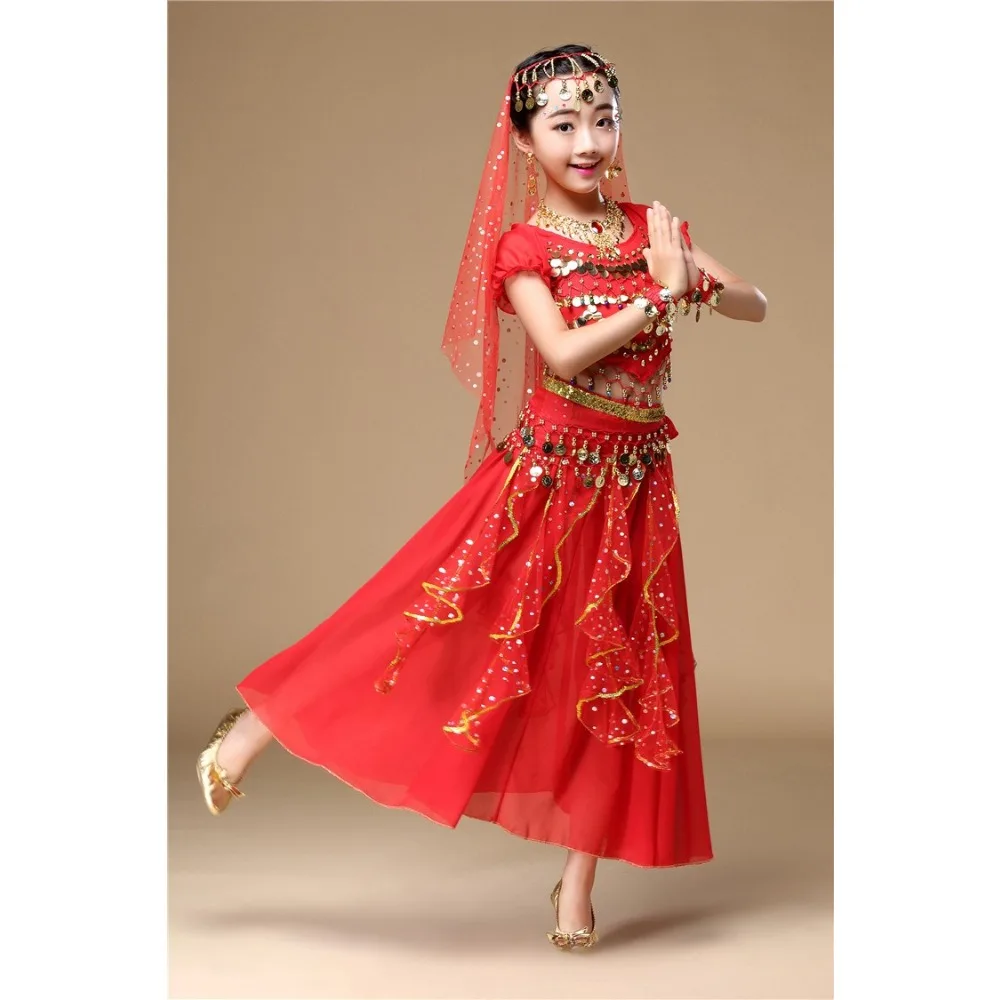 Traje de performance de dança indiana infantil, roupa de dança do ventre para meninas
