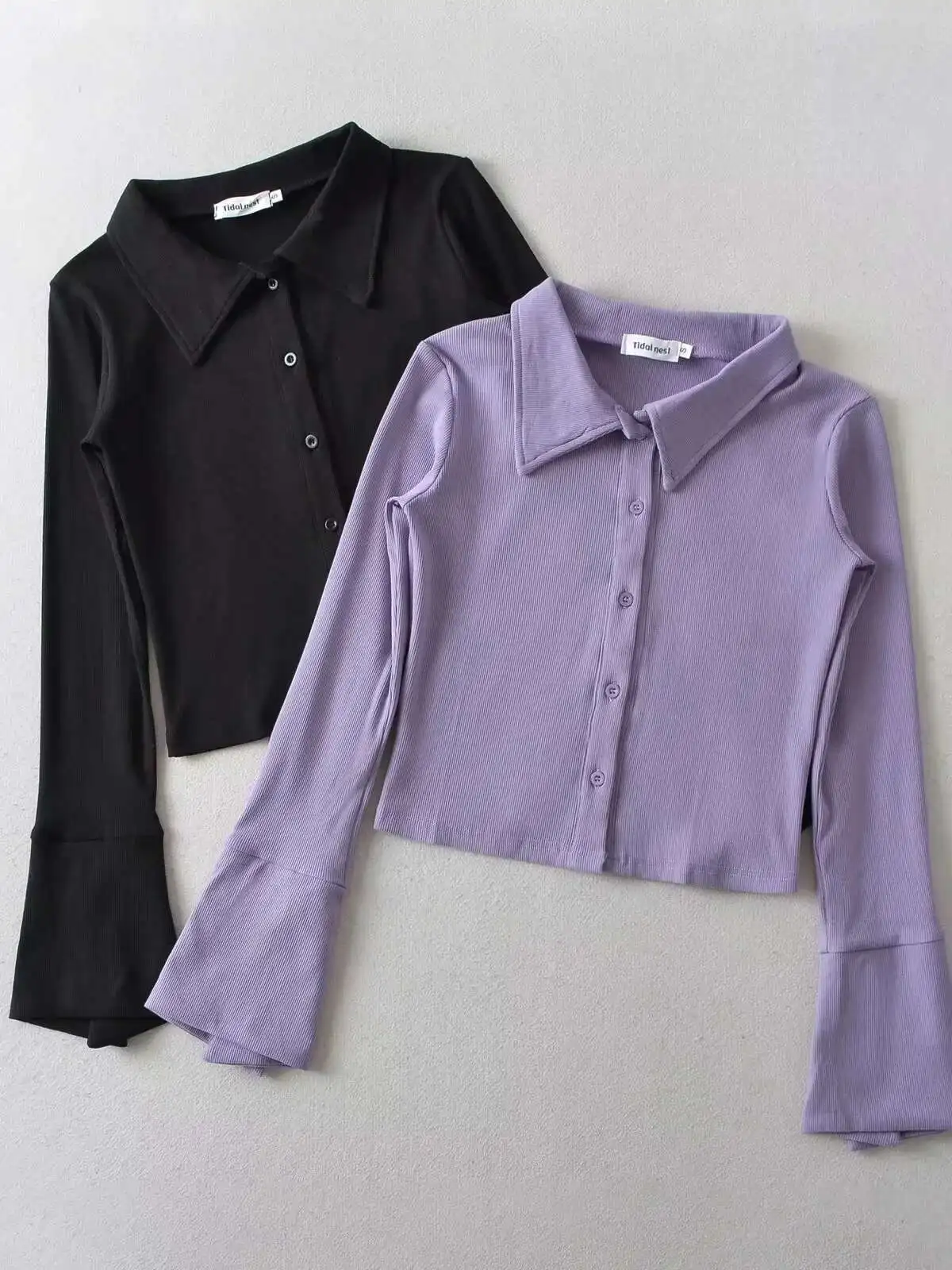 Autumn New Light Mature Polo Collar Single Breated Flared Sleeve Shirt Women Cinching Waist Solid Slim Casual Top AUHB