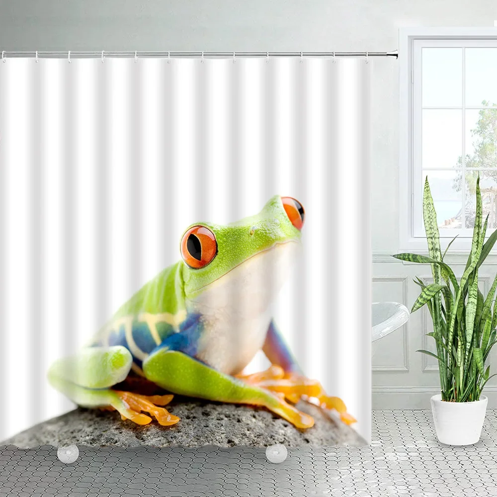 Funny Cartoon Frog Shower Curtains Green Lotus Leaves Animal Kids Bath Curtain Children Bathroom Accessories Decor Sets White