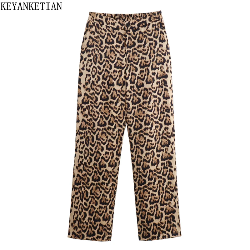 

KEYANKETIAN 2024 New Launch Women's Leopard Print Bell Bottoms Retro style Zipper High waist Thin Long Trousers Pockets Pants