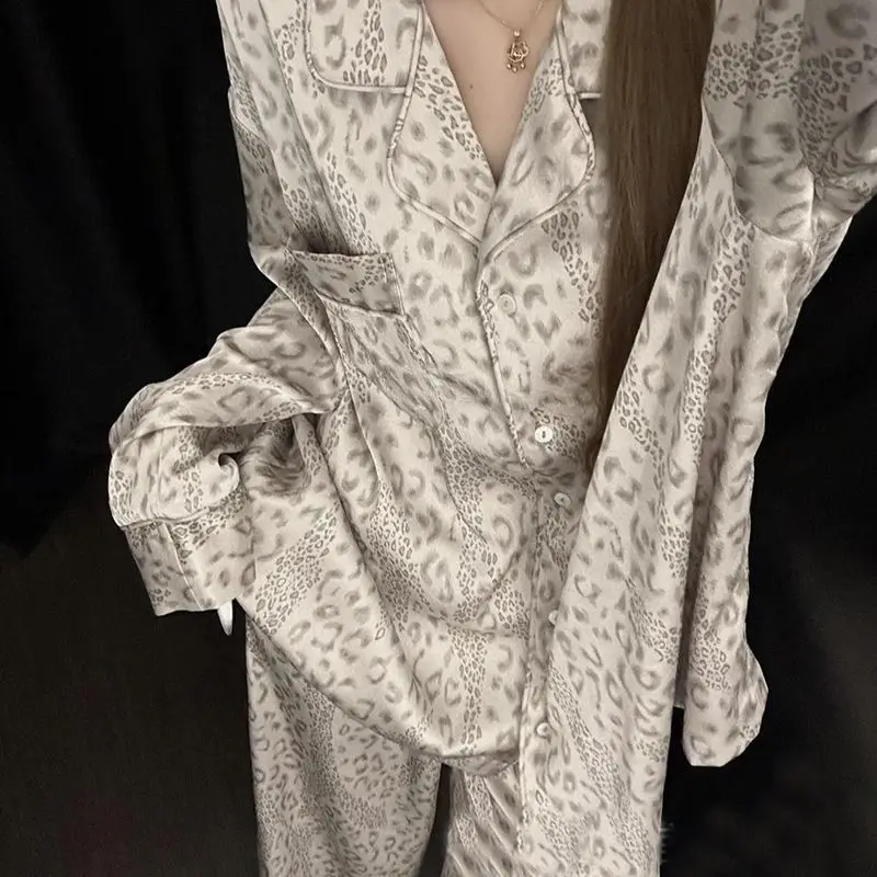 Women Luxury Leopard Print Pajamas Set 2 Pcs Long Sleeves Lapel Shirt&pants Homewear Sleepwear Rayon Comfy Newest Nightwear