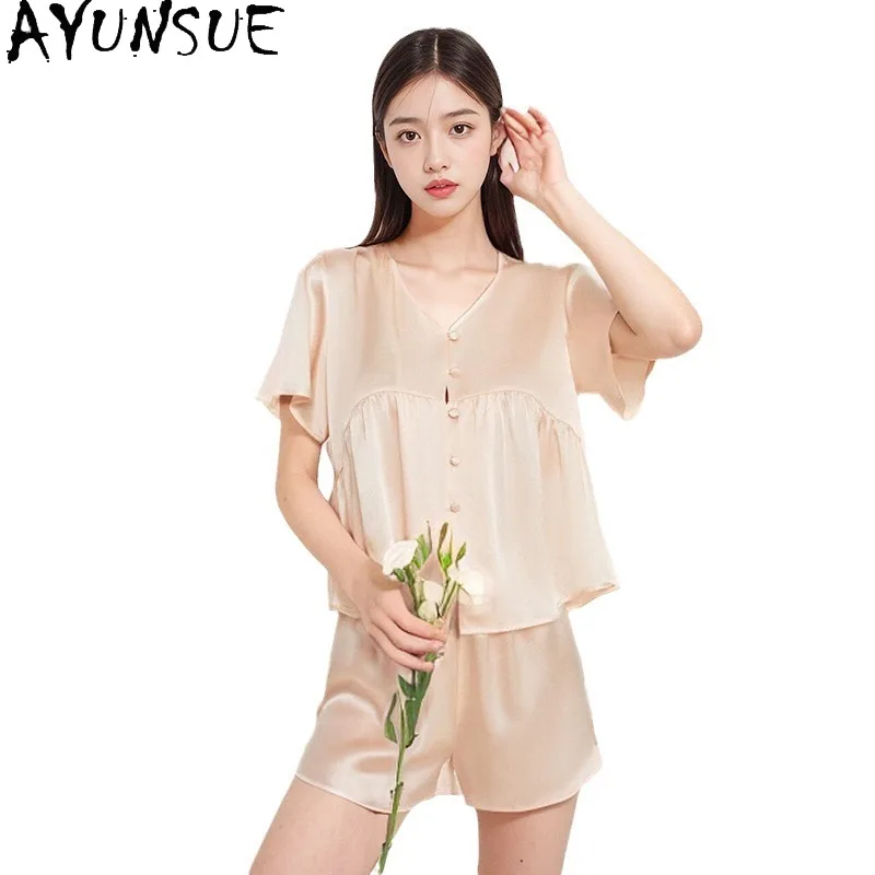 

AYUNSUE 16 мм 100% шелковая одежда для сна, женская весенне-летняя одежда, пижамные комплекты, повседневные брюки, топ с короткими рукавами, комплект из трех предметов